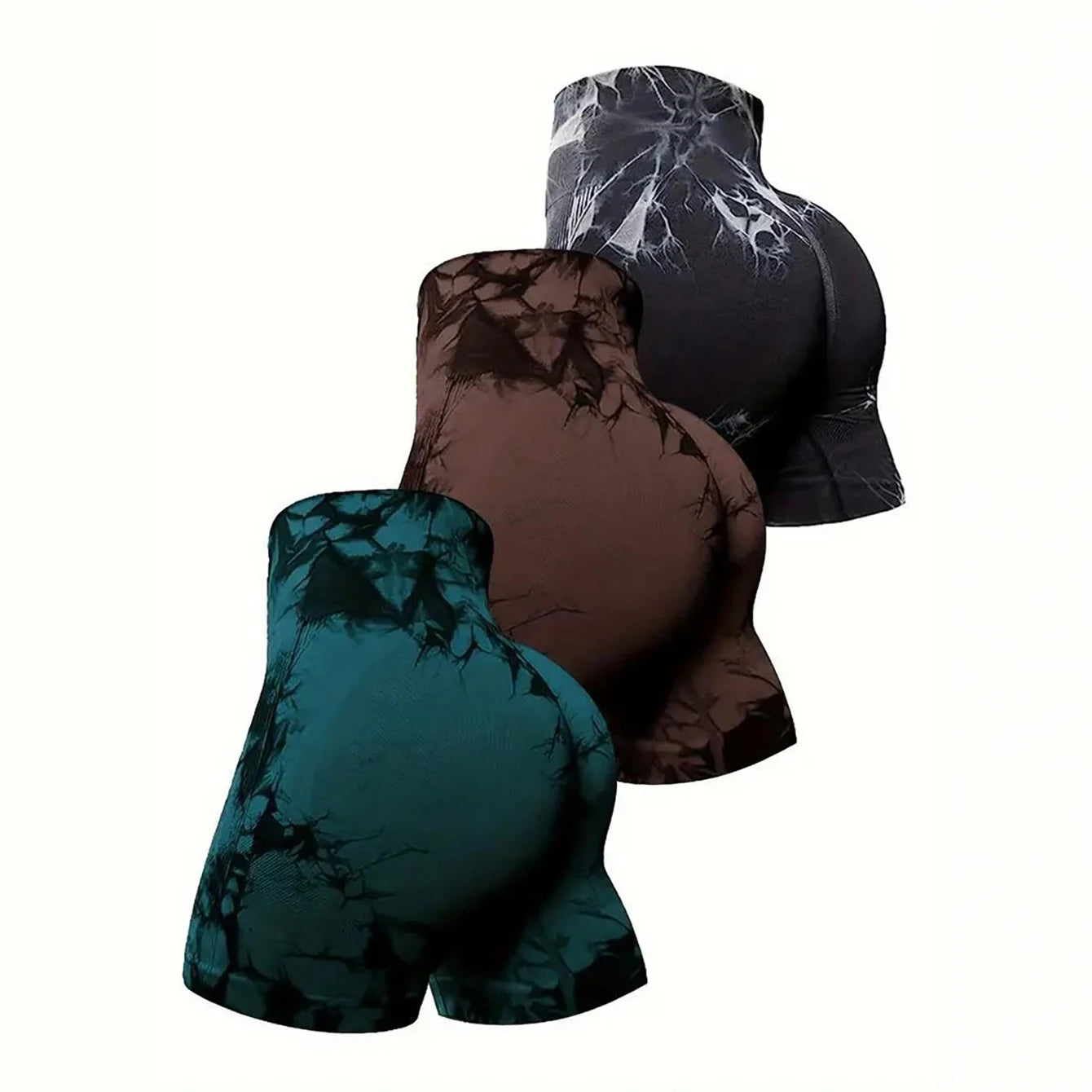 Women's 3-Piece Workout Shorts, Tie-Dye, Crinkled, Butt Lifting, High Waist, Yoga, Gym, Seamless Booty, Biker, Activewear